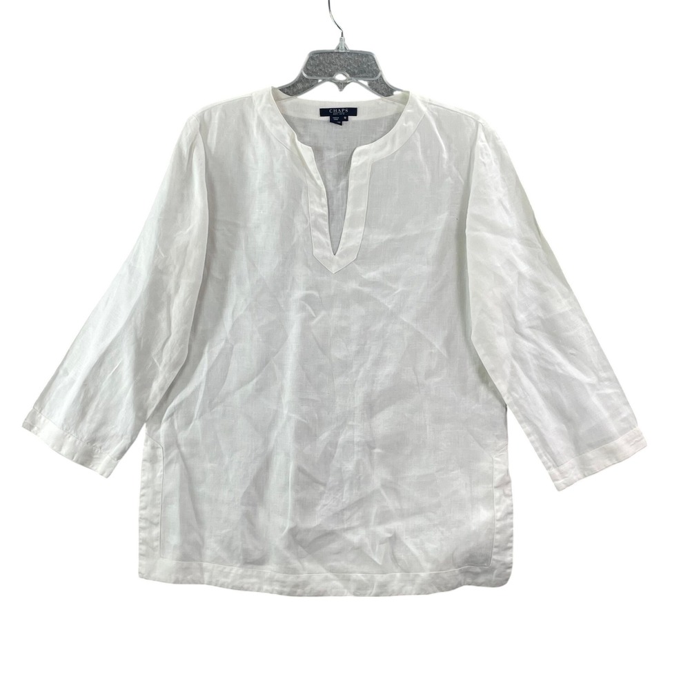 Chaps Tunic Top Women's Medium White 100% Linen V-Neck 3/4 Sleeve Coastal Blouse